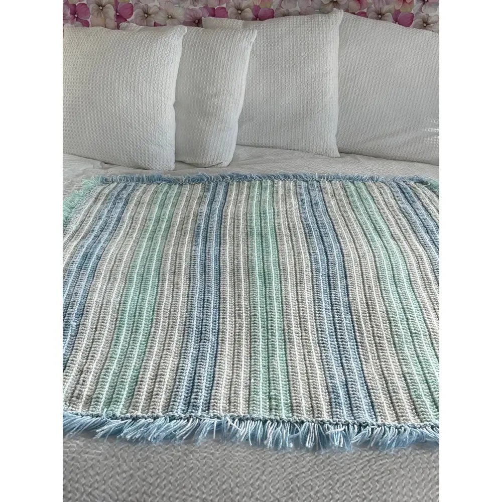 HANDMADE Crochet Afghan Throw Blanket 57x57 Pastel Blue Mint Fringed Cottagecore